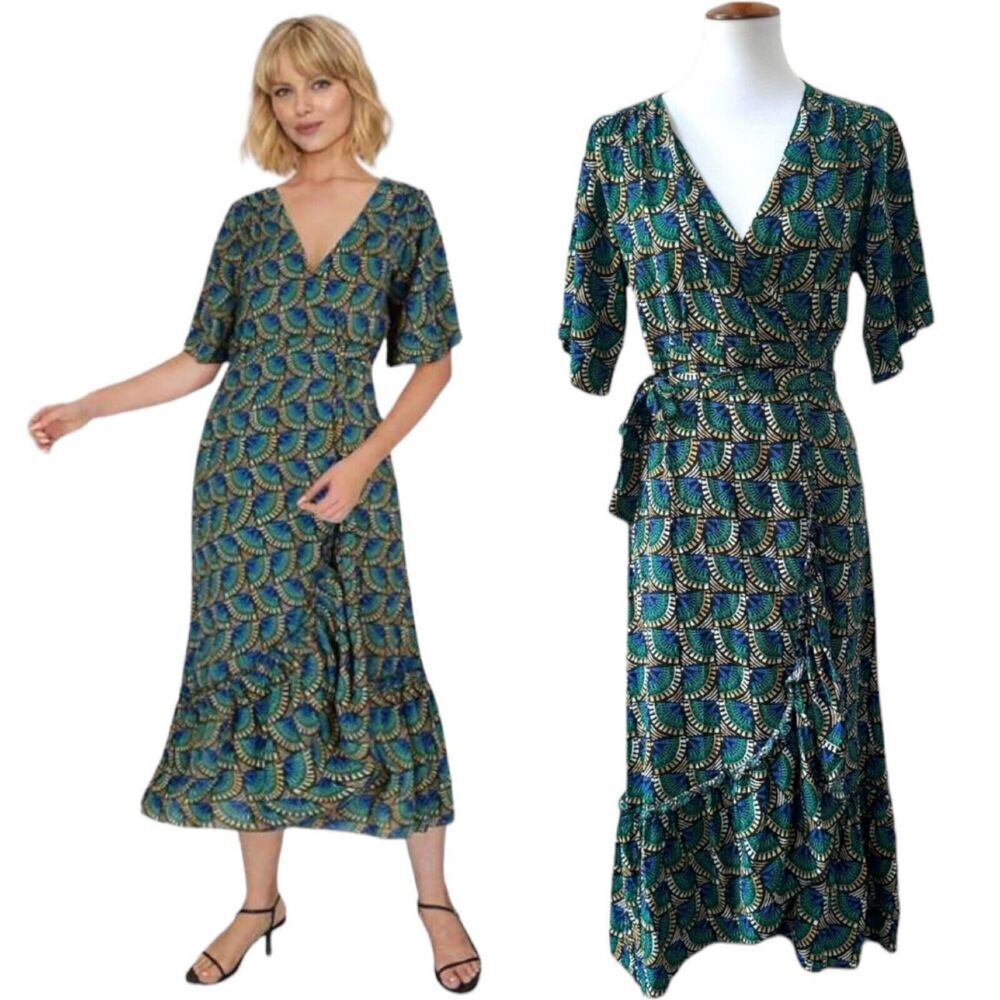 Silk & Salt Womens Journey Wrap Dress Green African Peacock Short Sleeve LARGE